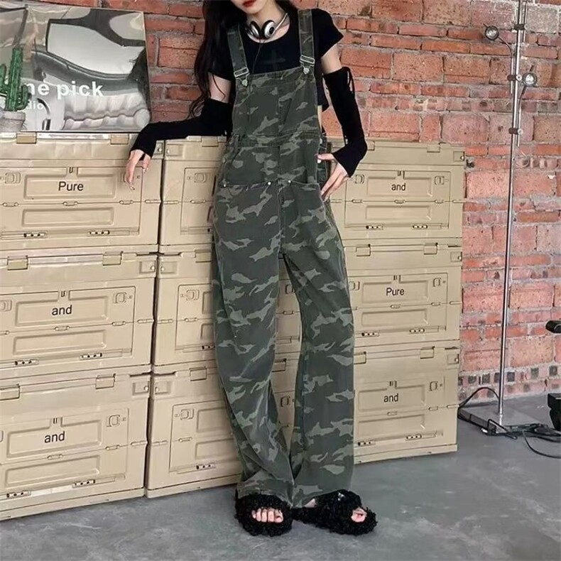 时尚小众复古设计宽松迷彩背带裤工装街头ins新款直筒休闲连体,男装工装外套,星座1210-1