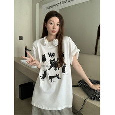 T0674-P25卡通猫咪印花纯棉短袖夏天美式复古圆领宽松上衣，男装T恤，星座617A-2
