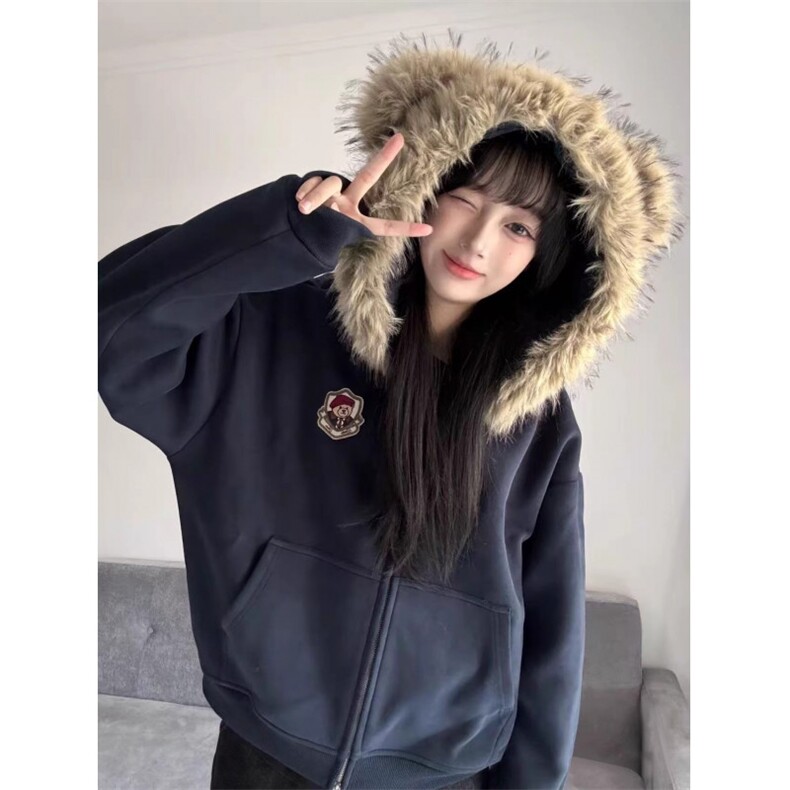 网图 美式复古卡通熊耳朵毛领连帽卫衣男女休闲开衫拉链外套特P78图片