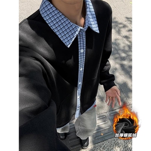 加厚银狐绒450g重磅假两件格子男卫衣外套W5436J加绒-特P55控99图片