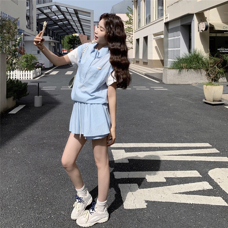 学院风减龄套装女2025夏新款运动风假两件上衣短裙裤小个子两件套,女装套装/套裙,2C135