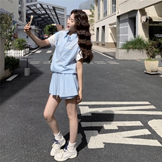 学院风减龄套装女2025夏新款运动风假两件上衣短裙裤小个子两件套，女装套装/套裙，2C135