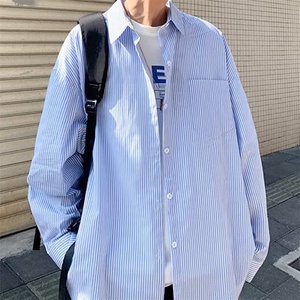 GS05P55现货韩版百搭春秋季港风长袖衬日系宽松长袖条纹衬衣男图片