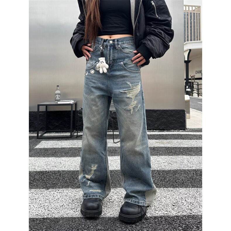 复古磨破阔腿牛仔裤男女秋季新款显瘦高腰直筒裤子宽松显瘦百搭裤,女装休闲裤,星座506A