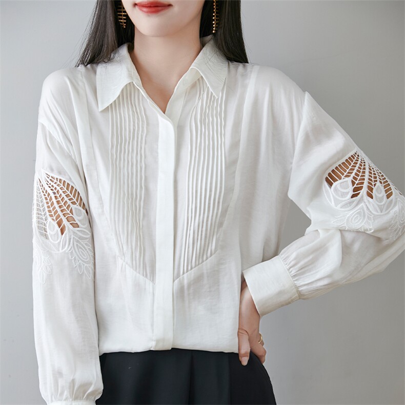 2025开春新款女装上衣设计感镂空刺绣白衬衫春秋法式气质长袖衬衣，女装衬衫，优麦羊绒（原洪叶羊绒）