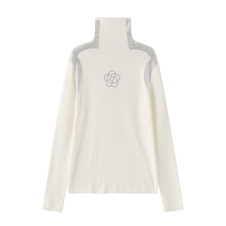 2025时尚百搭通勤简约休闲烫钻山茶花高领套衫，女装针织衫/毛衣，暖烁特种纱工厂店
