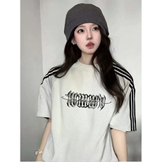 抖音得物品质二开240克宽松纯棉美式潮牌印花三条杠中性风短袖T恤，男装T恤，电商A486