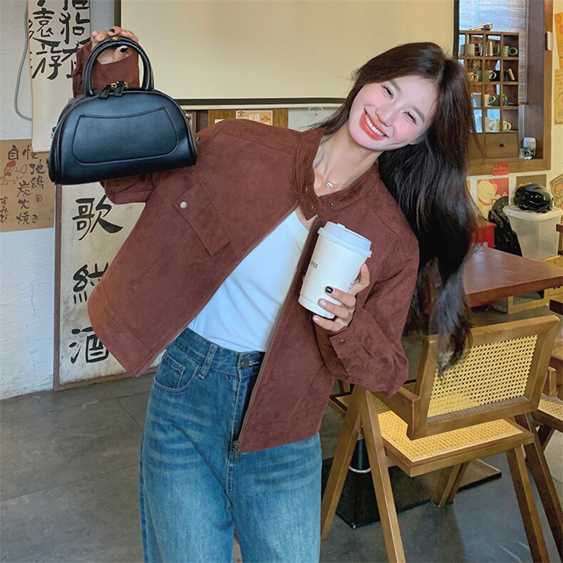 安可拉红麂皮绒立领外套女秋2025新款高级感美拉德小个子休闲夹克图片