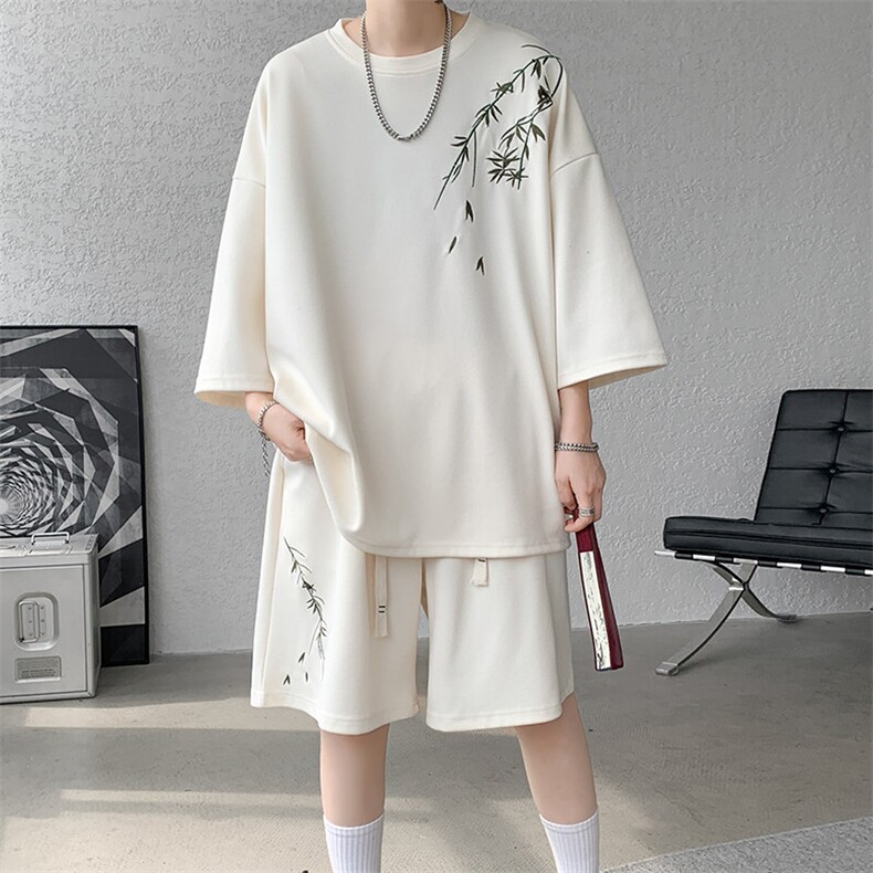 新中式国风短袖套装男夏季国潮刺绣宽松休闲运动t恤短裤两件套ins，男装休闲套装，电商D232