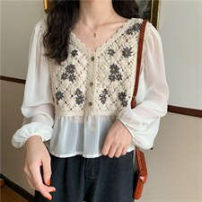高品质！森系风袖子可直接防晒！2021年新款V领宽松长袖衬衣刺绣设计感小众法式衬衫ins上衣女，女装衬衫，潮品会