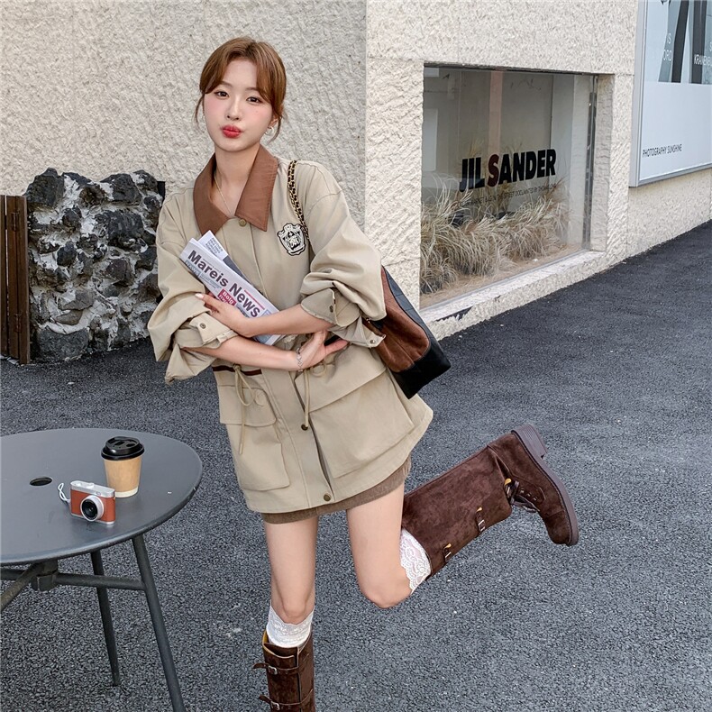 韩系收腰显瘦工装风衣外套女2025年春秋季新款拼接撞色超好看上衣,女装短外套,2C307