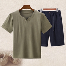 主推大货男高品质中老年风亚麻套装短袖T恤棉麻短裤套装，男装牛仔裤，钱塘723