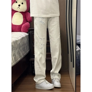 ！美式高街极简纯色磨破牛仔裤图片