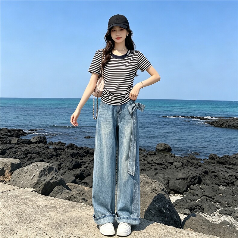 慵懒风时尚休闲套装女夏季新款圆领条纹短袖上衣烫钻牛仔裤两件套,女装套装/套裙,江南