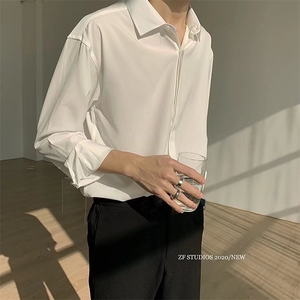 秋季韩版禁欲系墨绿色白衬衫男潮流ins垂感复古宽松长袖内搭衬衣