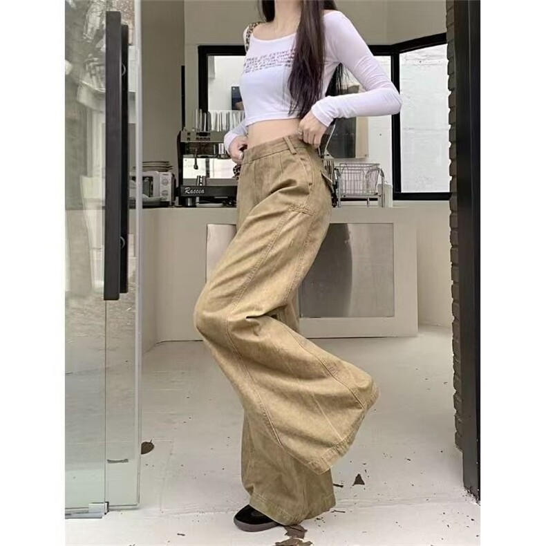 美式复古做旧水洗卡其色牛仔裤女秋季宽松显瘦设计感阔腿拖地长裤,男装牛仔裤,星座506A