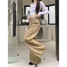 美式复古做旧水洗卡其色牛仔裤女秋季宽松显瘦设计感阔腿拖地长裤，男装牛仔裤，星座506A
