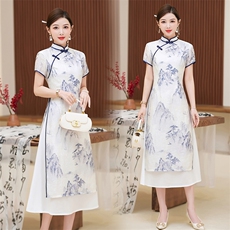 中长款旗袍短袖丝绸优雅2025年春季高开衩，女装汉服/婚纱/旗袍/礼服，小荷流