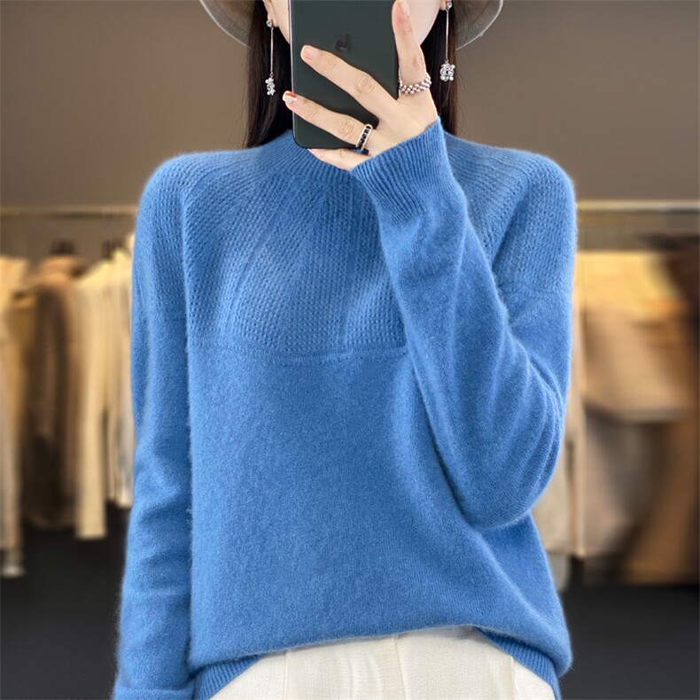 女一线成衣卷边圆领镂空针织长袖毛衣宽松羊毛打底衫韩,女装羊毛衫,大美人高端店
