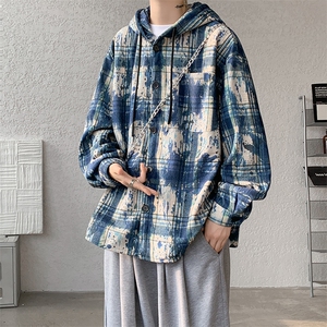 WY10097-P55 加绒P65 秋季撞色格子连帽大码休闲百搭卫衣外套男图片