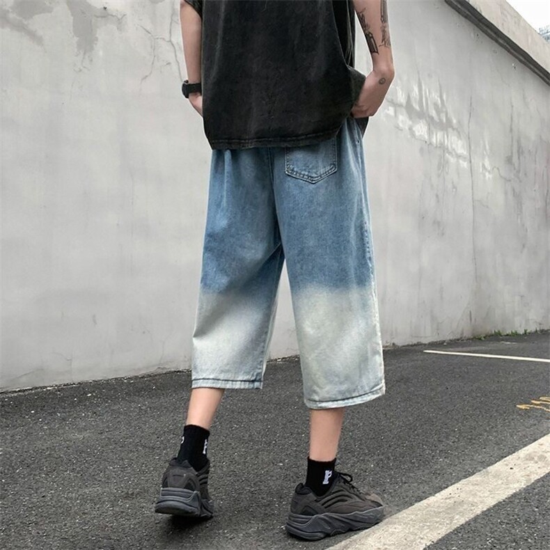 渐变牛仔短裤潮牌男夏季薄款宽松直筒七分短裤港风百搭八分阔腿裤图片
