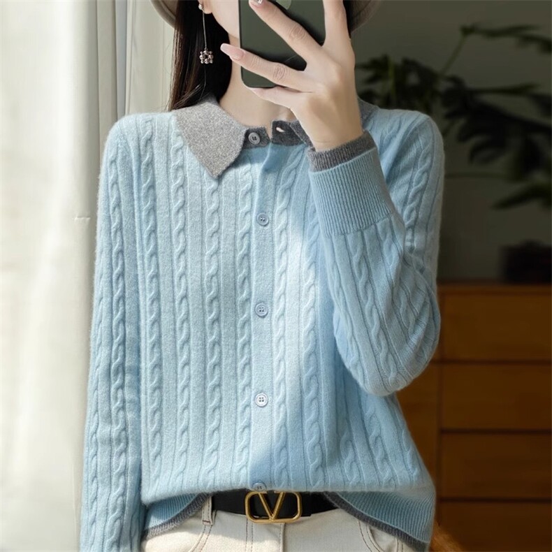 时尚假两件24新款羊毛女显瘦拼色宽松气质春秋麻花针织衫,女装羊毛衫,伟泽羊绒