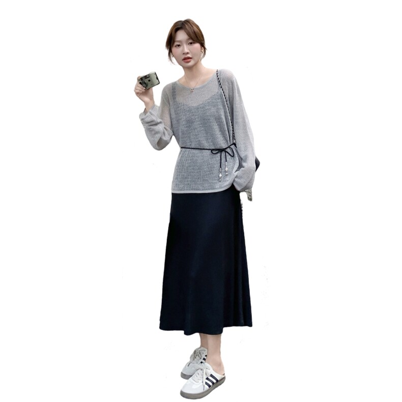 时尚休闲套装女春秋季设计感镂空薄款针织衫内搭吊带裙长袖两件套,女装连衣裙,2C166
