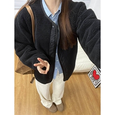 高品U家秋冬防风仿羊羔绒摇粒绒圆领宽松开衫外套男女A1183-P75，女装短外套，星座1505