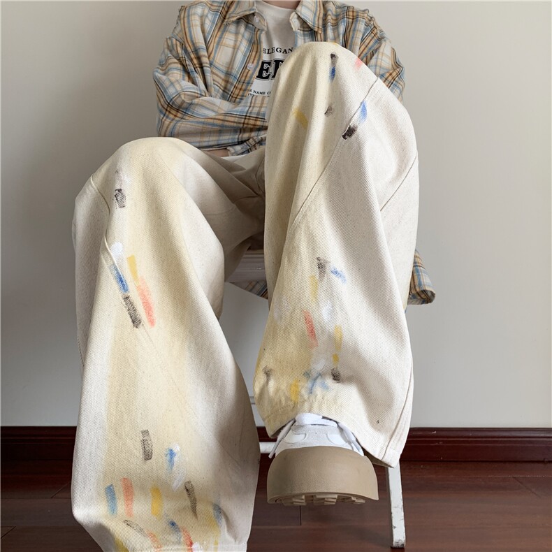 2025秋季新款潮流彩绘宽松弯刀阔腿牛仔裤B315-K24326-p65控88,男装牛仔裤,电商B315
