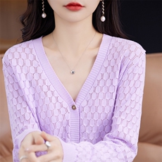 时尚百搭纯棉镂空开衫女V领长袖针织衫春季新款显瘦外套，女装针织衫/毛衣，桦兴羊绒