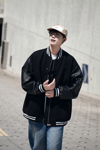 2025秋新棒球领呢料拼皮夹克外套男港风705-1-W8827-P90 控135图片