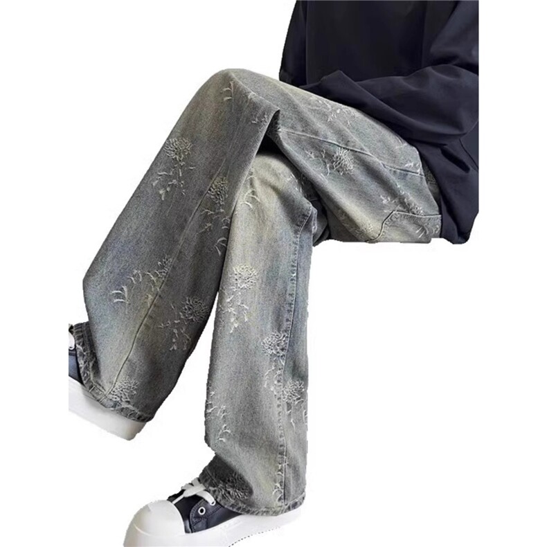 美式cleanfit复古蓝水洗牡丹提花微喇牛仔裤男高街痞帅宽松直筒裤,男装牛仔裤,星座1210-1
