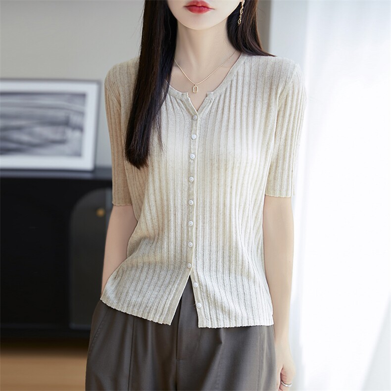 夏季新款简约休闲天丝亚麻抽条圆开中袖女士百搭时尚显瘦上衣,针织衫/毛衣,朝思羊绒