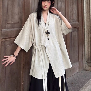 夏季山本耀司风汉服上衣女新中式绑带短袖衬衫外套中性阔腿裤裙图片