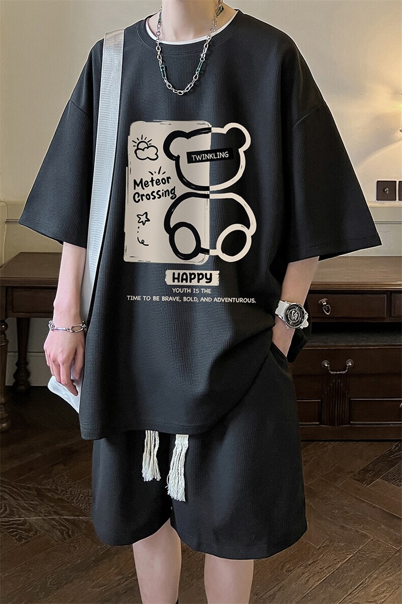 华夫格套装运动短袖t恤套装休闲两件套一套HZ84352-P44,男装T恤,电商A040