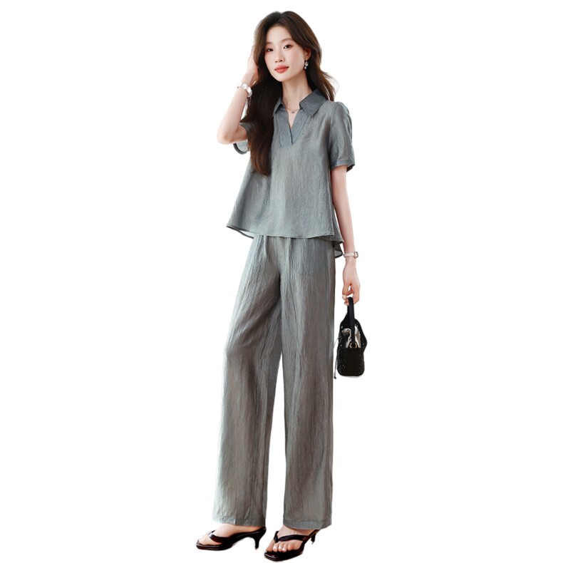 时尚通勤V领阔腿裤两件套女2025年夏季新款气质显瘦减龄休闲套装,女装大码女装,梦依杭