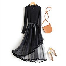 现货2022春秋冬打底季新款收腰显瘦法式针织拼接网纱打底连衣裙女，女装连衣裙，然然