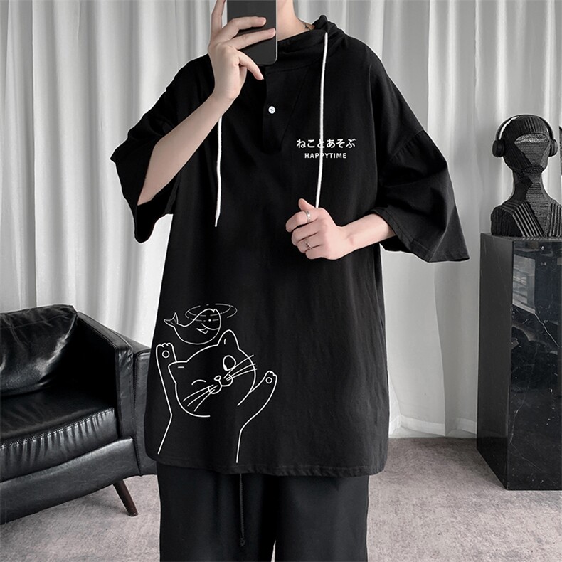 LD54133-P45连帽短袖t恤男大码胖子带帽五分袖中袖,男装T恤,电商A040