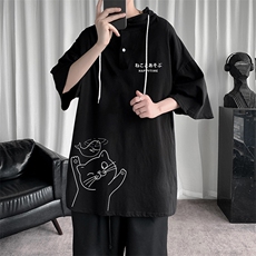LD54133-P45连帽短袖t恤男大码胖子带帽五分袖中袖，男装T恤，电商A040