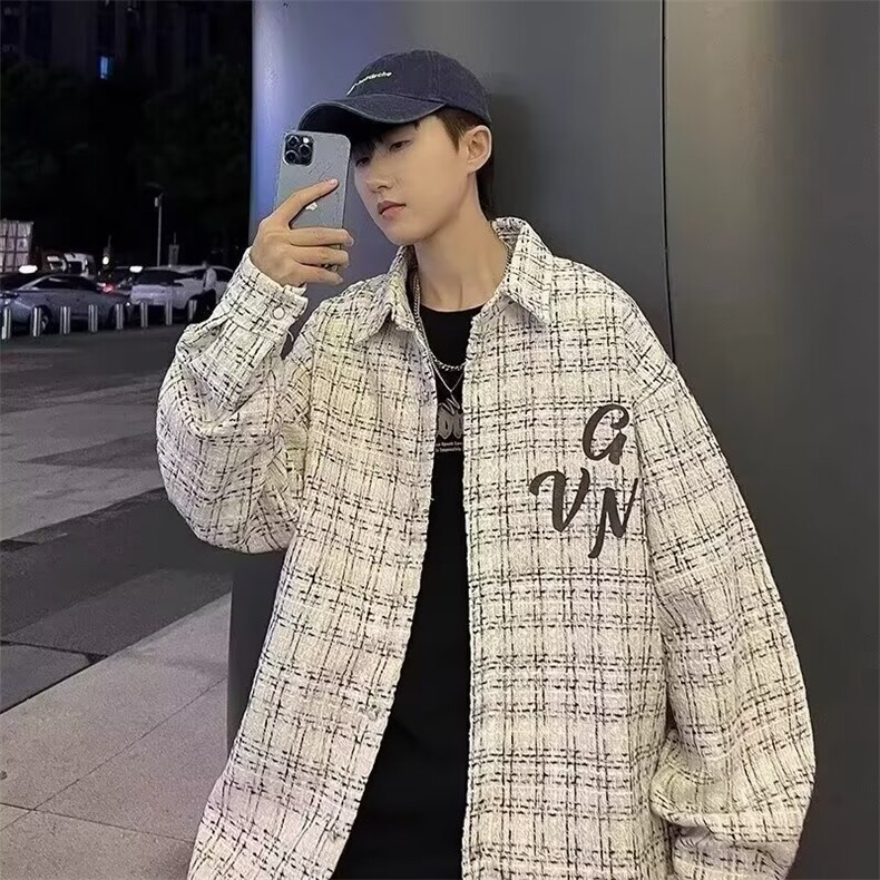 韩版小香风外套男ins衬衫领拼接夹克高级感休闲假两件上衣潮AC03,男装衬衫,星座516A