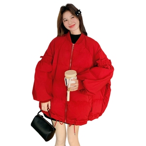 新年红色花边棒球羽绒服女2026新款韩版加厚宽松休闲90白鸭绒外套图片