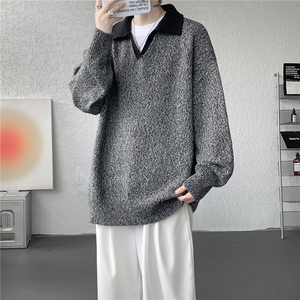 现货MY7153-特P65高密老钱风小翻领毛衣男女宽松polo领大码针织衫图片