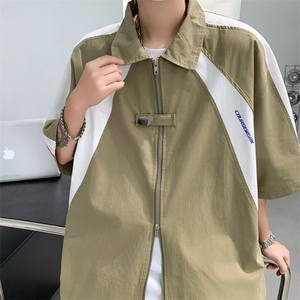 夏男短袖衬衫拼色工装拉链织带字母印花衬衣CS5008 P43图片