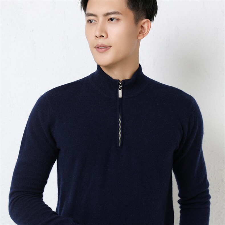 软糯轻奢~baby小山羊绒高领男长袖毛衣休闲立领半拉链套头针织衫,男装羊绒套衫,尚达羊绒