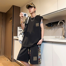 男士两件套五分短裤休闲运动套装男刺绣拼接背心A266-TZ2207-P43，男装休闲套装，电商A266