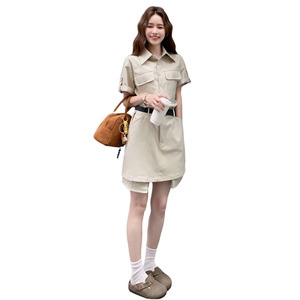 卡其色工装连衣裙女2025夏季新款韩版时尚气质显瘦短袖衬衫短裙子图片