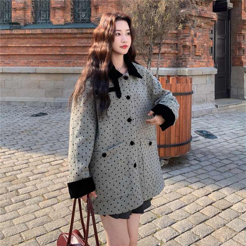 新款！灰色高级感波点毛呢外套2C213-911-P175-K258,女装毛呢外套,2C213