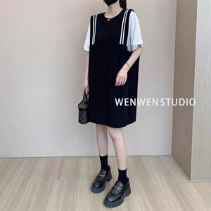 针织拼接连衣裙图片