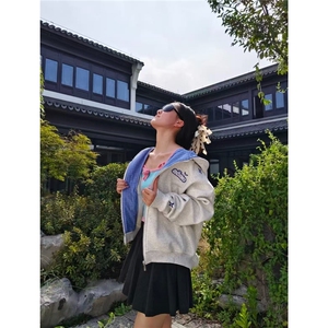 连帽开衫宽松卫衣格子撞色情侣男女同款秋外套WY1038 P55 加绒P60图片