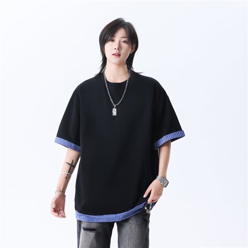韩版简约假两件拼接短袖学院风休闲纯色圆领百搭男女T恤-T699,男装T恤,星座601-1